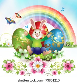 Easter card with bunny, butterflies and decorated egg on grass