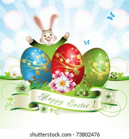 Easter card with bunny, butterflies and decorated egg on grass