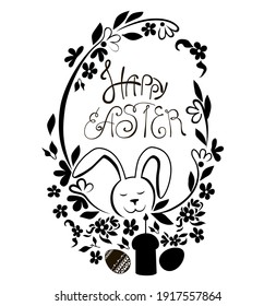 Easter card with bunny, Easter cupcake, eggs, twigs, leaves and flowers drawn in black. Also drawn lettering - Happy Easter. Stock vector illustration isolated on a white background.