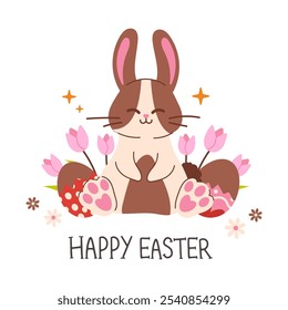 Easter card with bunny. Cute Easter card with chocolate bunny. Spring collection of animals, flowers and decorations. For poster, card, scrapbooking, stickers
