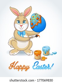Easter card with bunny decorating eggs with brush and colors. Happy Easter greeting card for kids