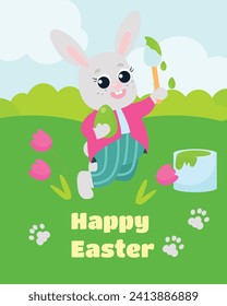Easter card. The Easter bunny is dressed in pants and a shirt, holds a brush in his paws and paints decorative eggs. Festive illustration in cartoon style.