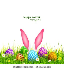 Easter card, bunny ears and eggs on grass, Easter poster, Easter background