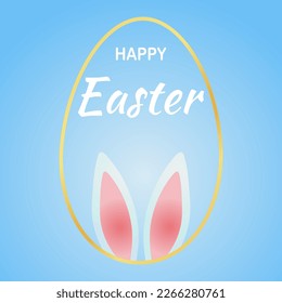 Easter card with bunny ears and gold frame with space for text. Easter Bunny with the inscription Happy Easter on a blue background.