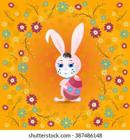 Easter card with Bunny, egg, flowers, willow branches. Vector illustration. Cartoon pink rabbit on orange background.