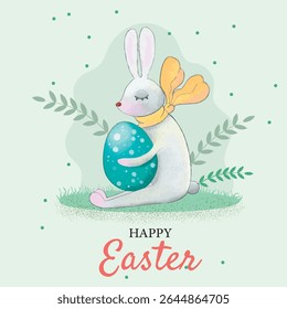 Easter card with a bunny. Easter bunny with an egg in his hands. The rabbit sits on a clearing and holds a painted Easter egg. Vector illustration for the Easter holiday.