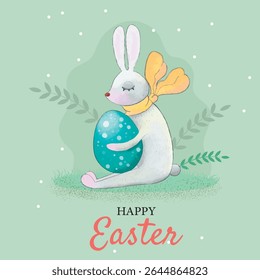 Easter card with a bunny. Easter bunny with an egg in his hands. The rabbit sits on a clearing and holds a painted Easter egg. Vector illustration for the Easter holiday.