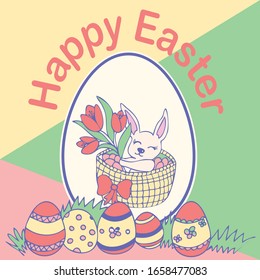 easter card with bunny and eggs in basket