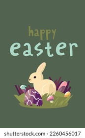 Easter card with bunny, easter eggs and celebration lettering Happy Easter