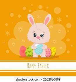Osterkarte mit Hasen und Eiern. Cute Cartoon Kaninchen. Frohe Ostern! Vektorgrafik.