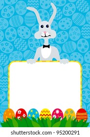 Easter card. Easter bunny with easter eggs and empty board on ornate background.