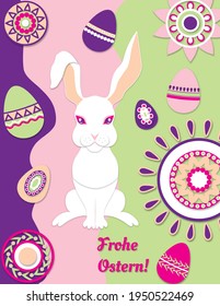 Easter card with a bunny and Easter eggs, with German text, translated as "Happy Easter". Vector illustration in paper style