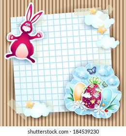 Easter card with bunny and eggs on cardboard background, vector 