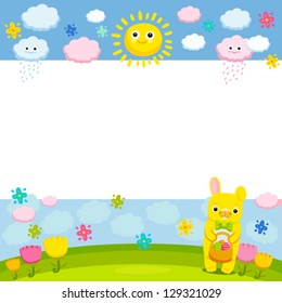 Easter card with bunny and eggs. Vector banner with place for your text.