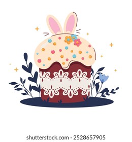 Easter card with bunny and eggs.Festive card with easter cake, eggs and flowers.  Cute Easter illustration and card for poster, card, scrapbooking , stickers.