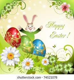 Easter card with bunny, flowers and decorated eggs