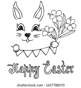  Easter card with bunny and flowers, simple Happy Easter doodle design,  line art Easter decoration