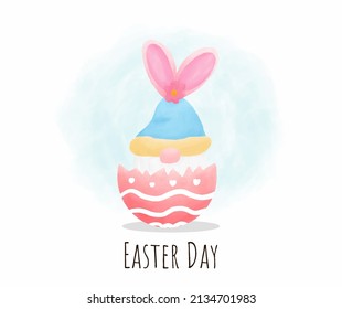 Easter card bunny gnome in decorative easter egg vector illustration. Water color style