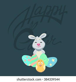 Easter card with Bunny, Easter holiday, Easter rabbit, Easter egg, Easter vector, Easter cartoon, Easter calligraphy, hand drawn. Easter art. 