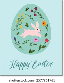 Easter card. Easter bunny on an egg. Multicolored egg with spring flowers. Vector illustration