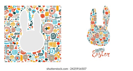 Easter card with bunny. Postcard Happy Easter . hand drawing. Not AI. Vector illustration