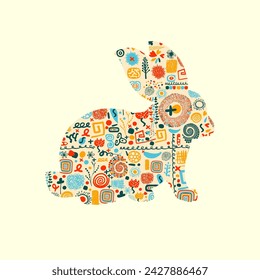 Easter card with bunny. Postcard Happy Easter . hand drawing. Not AI. Vector illustration