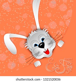 Easter card with bunny rabbit cut out of paper on coral modern festive background. Hand lettering Happy Easter. 3D vector illustration.