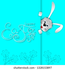 Easter card with bunny rabbit cut out of paper on blue modern festive background with spring flowers. Hand lettering Happy Easter. 3D vector illustration. Paper cut out art style.