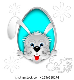 Easter card with bunny rabbit cut out of paper on blue modern festive background with spring flowers and eggs contour. Hand lettering Happy Easter. 3D vector illustration. Paper cut out art style.