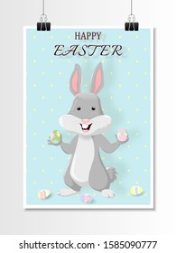 Easter card with  Bunny rabbit and easter egg for party Flyer, poster design. Vector illustration
