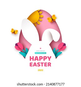 Easter card with bunny rabbit in egg shape frame, spring flowers, sun and butterfly. Modern concept background. Vector illustration. Place for your text. Hare head with ears, paper cut icon.