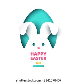 Easter card with bunny rabbit in egg shape frame, modern concept background. Vector illustration. Place for your text. Hare head with ears, paper cut icon.