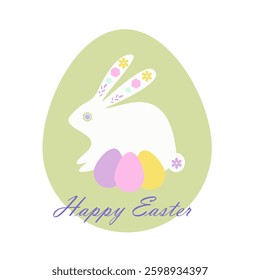 Easter card with bunny rabbit in egg shape frame, spring flowers. Vector illustration.