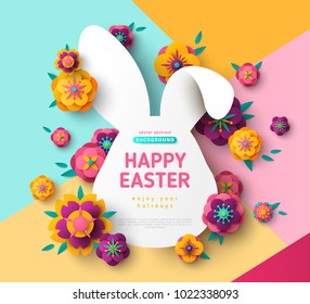 Easter card with bunny rabbit shape frame, spring flowers on colorful modern geometric background. Vector illustration. Place for your text.