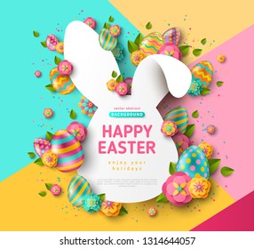 Easter card with bunny rabbit shape frame, spring flowers and eggs on colorful modern geometric background. Vector illustration. Place for your text.