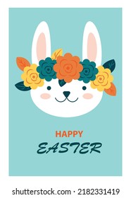 Easter card with bunny rabbit, spring flowers