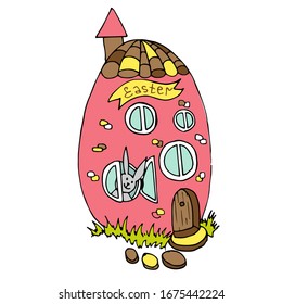 Tarjeta de Pascua con un conejito de huevo rojo en forma de casa linda, conejo mira por la ventana abierta hacia la primavera. Elemento vectorial colorido aislado en blanco. Celebración, decoración festiva.