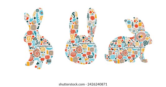 Easter card with bunny. Set of abstract rabbits. Postcard Happy Easter . hand drawing. Not AI. Vector illustration