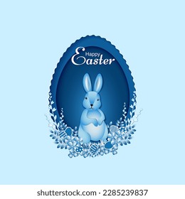 Easter card with bunny.Easter rabbit on a blue background with flowers and Easter eggs. Vector illustration in paper cut style.