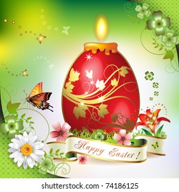 Easter card with butterflies, candle and decorated egg on grass