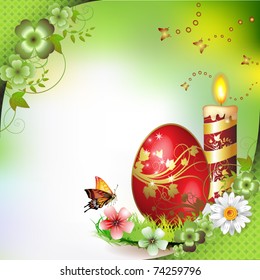 Easter card with butterflies, candle and decorated egg on grass