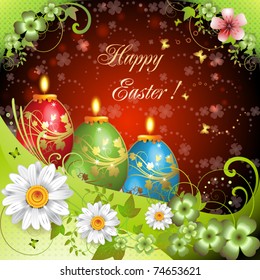 Easter card with butterflies, candles and decorated eggs