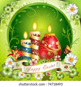 Easter card with butterflies, candles and decorated egg