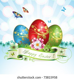 Easter card with butterflies and decorated egg on grass