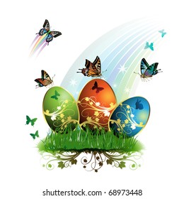 Easter card with butterflies and decorated eggs on grass , vector  illustration