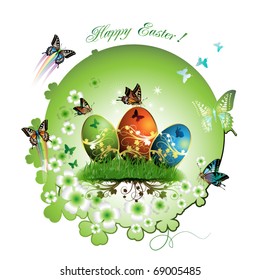 Easter card with butterflies and decorated eggs on grass , vector illustration