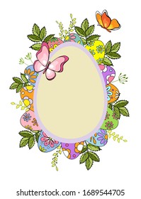 Easter card with butterflies, Easter eggs, leaves and wildflowers. In the middle is a place for an inscription. Cartoon style. Stock Illustration.