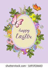 Easter card with butterflies, easter eggs, leaves and wildflowers. Happy Easter lettering. Cartoon style illustration. Stock Illustration.