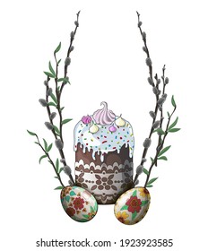
Easter card with Easter cake, Easter eggs, pussy willow branches and lettering - Happy Easter. Stock vector illustration in cartoon style isolated on white background