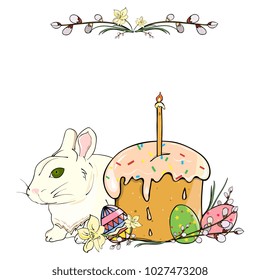 Easter card with Easter cake, white rabbit, pussy willow, narcissus and colorful eggs. Hand drawing. Template for spring greeting cards